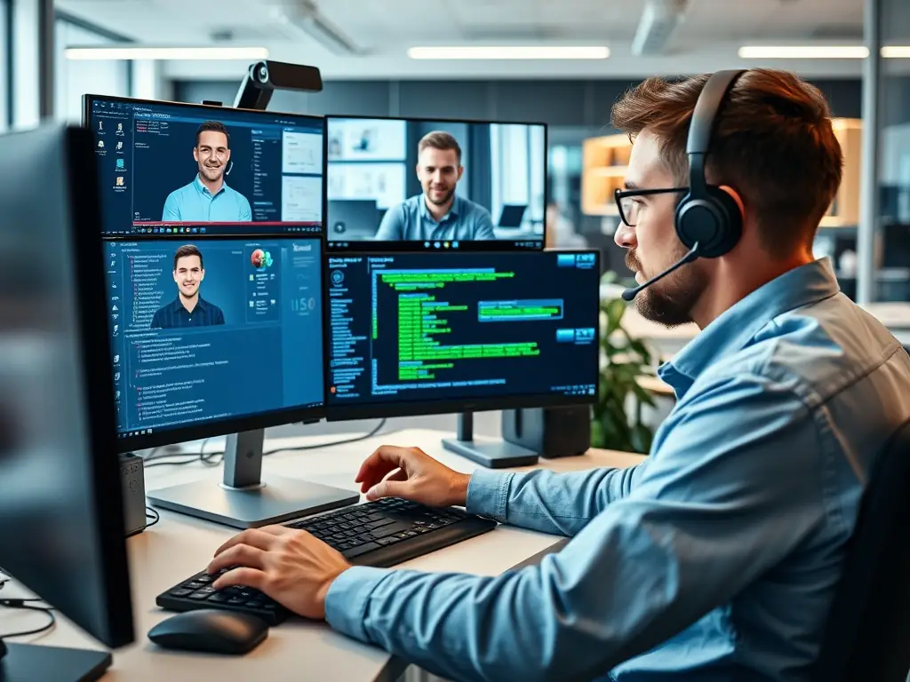 A dedicated IT support team member assisting a client remotely, using screen-sharing and video conferencing tools to resolve a technical issue efficiently and professionally.