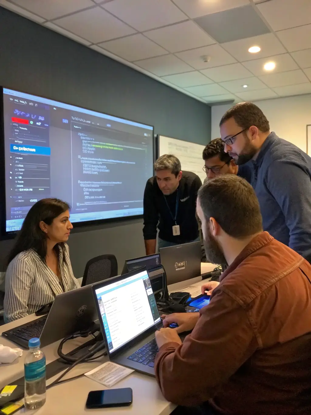 A diverse group of IT professionals collaborating on a smart systems project, emphasizing Masar AlTalaq's commitment to innovation and teamwork.