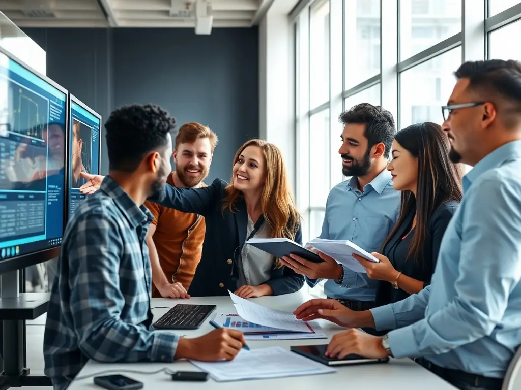 A diverse group of IT professionals actively participating in a hands-on training session, focusing on network configuration and troubleshooting, set in a modern, well-equipped classroom environment.
