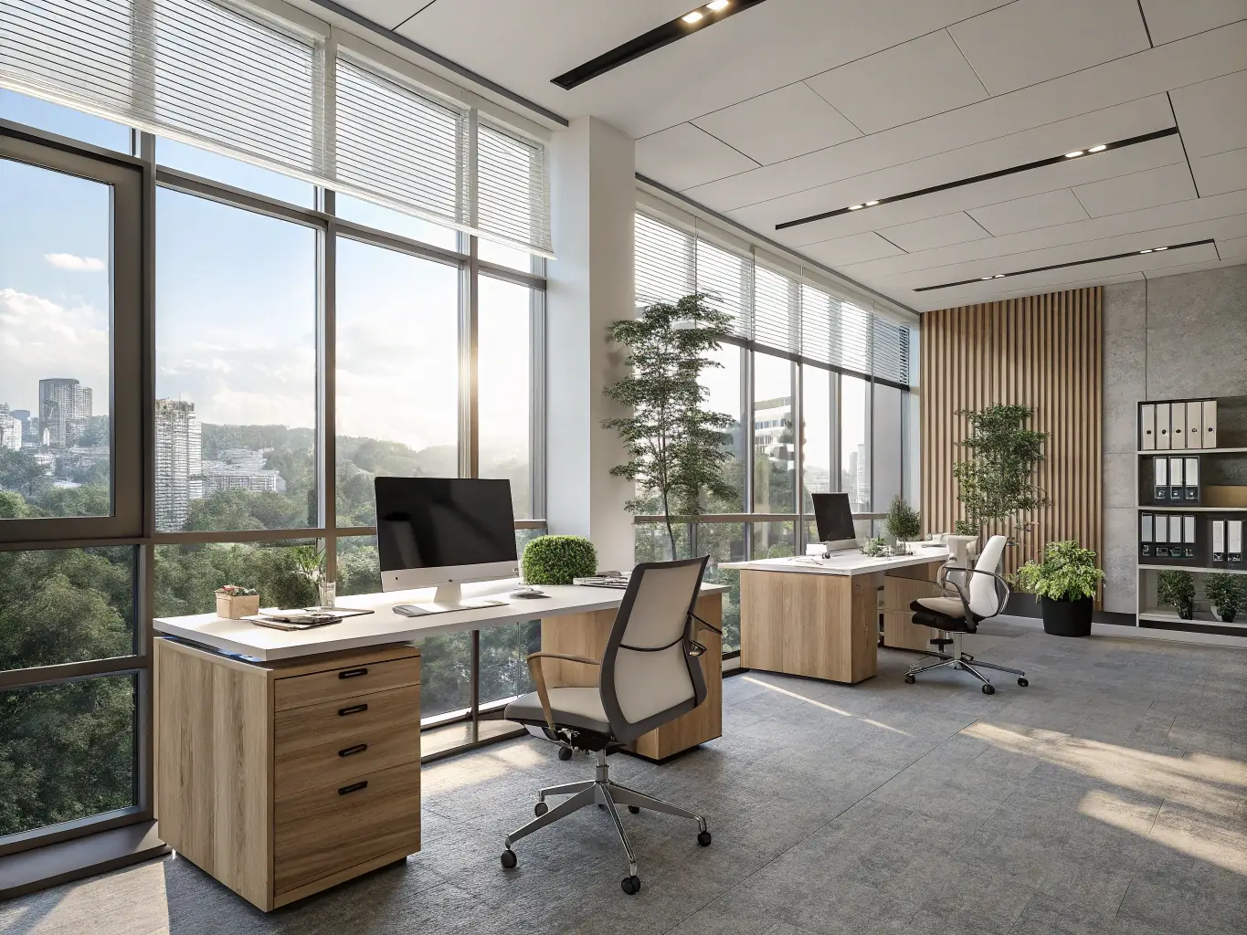 A modern office space with various IoT devices seamlessly integrated, showcasing a smart system managed by Masar AlTalaq.