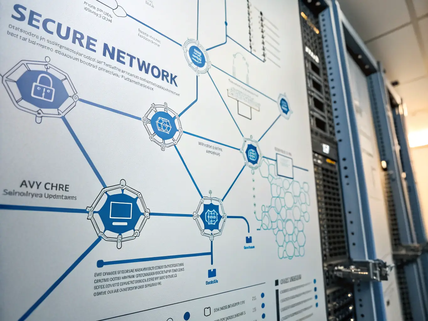 A network diagram illustrating secure and efficient data flow, representing Masar AlTalaq's networking solutions.