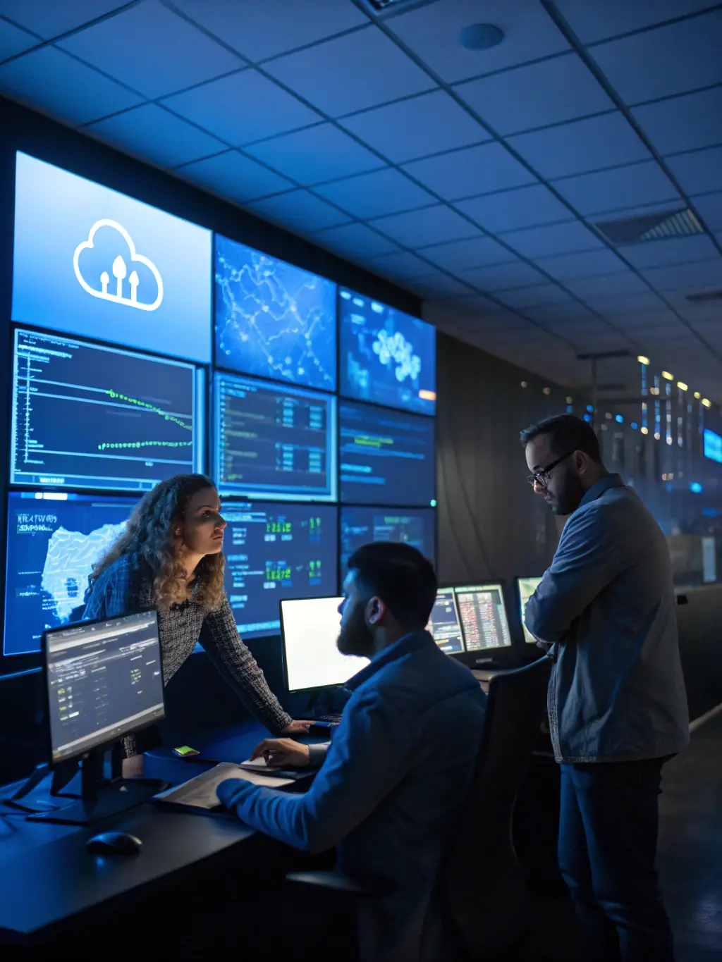 A professional team setting up a complex network infrastructure in a modern office environment, showcasing Masar AlTalaq's expertise in IT infrastructure implementation.